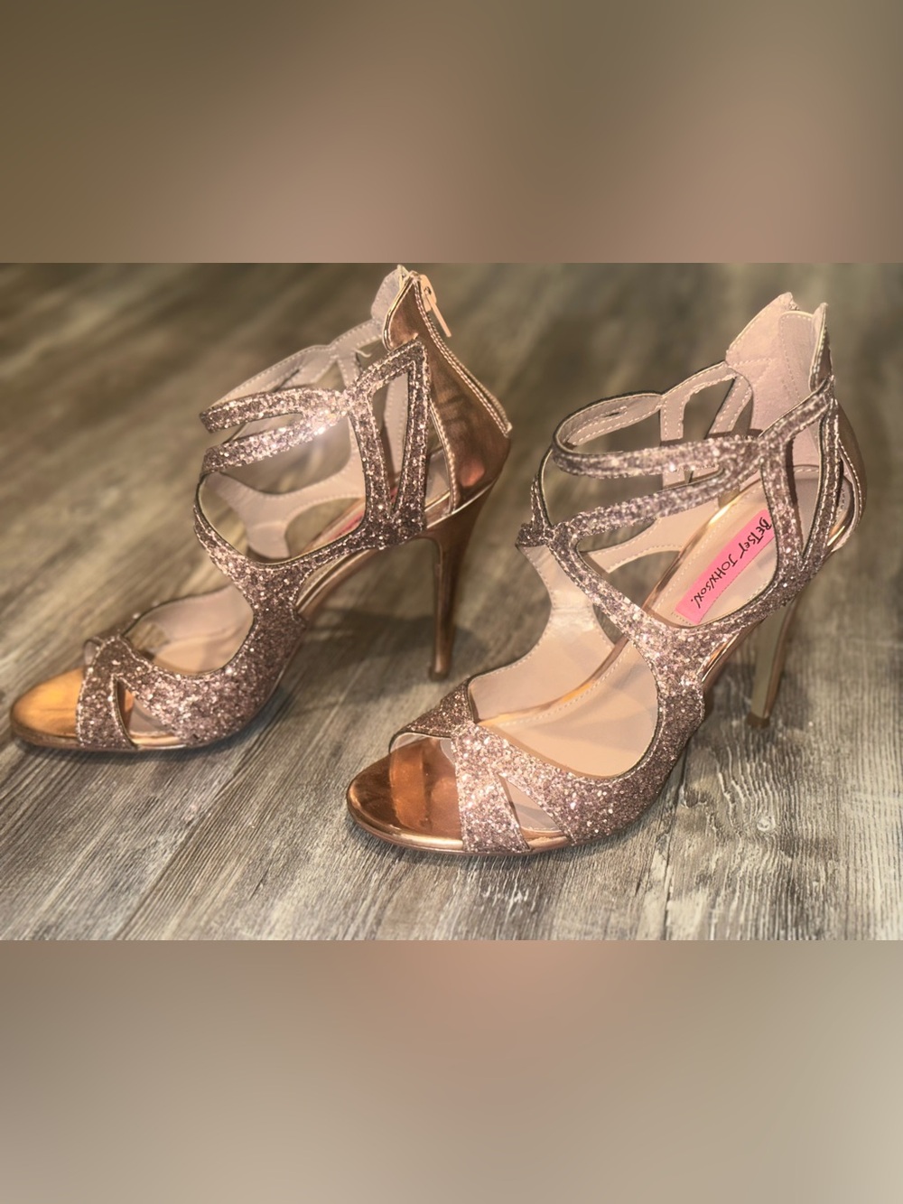 Betsey Johnson Rose Gold Glitter Strappy Heels